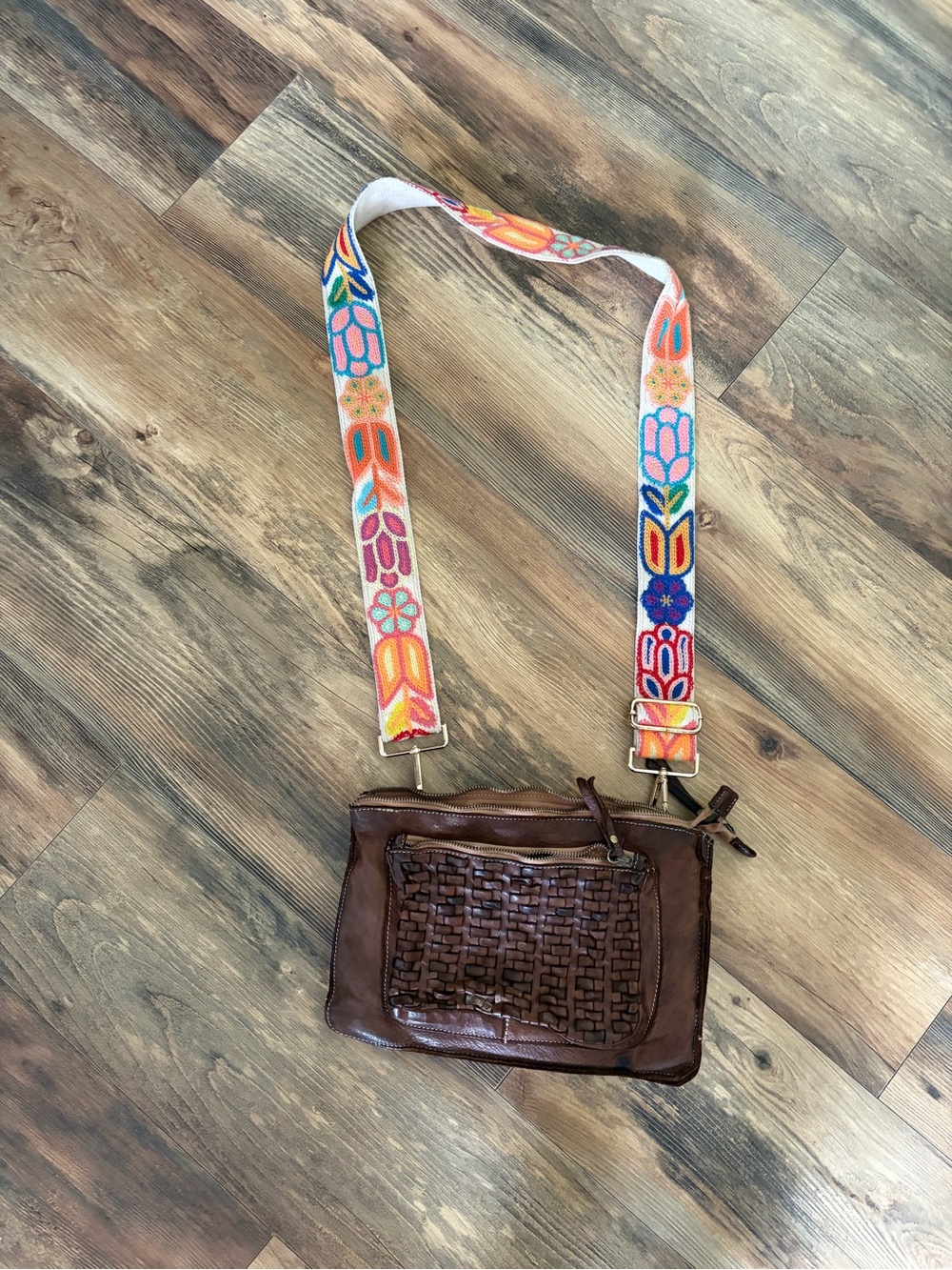 Brown Woven Leather Crossbody with Multicolor Embroidered Strap